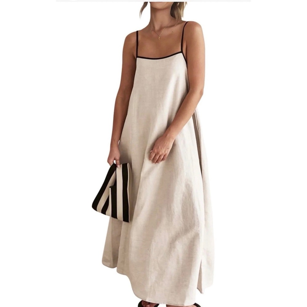 Shy Velvet Womens Linen Blend Midi Slip Dress Beige Black Trim Size S Heart Ring